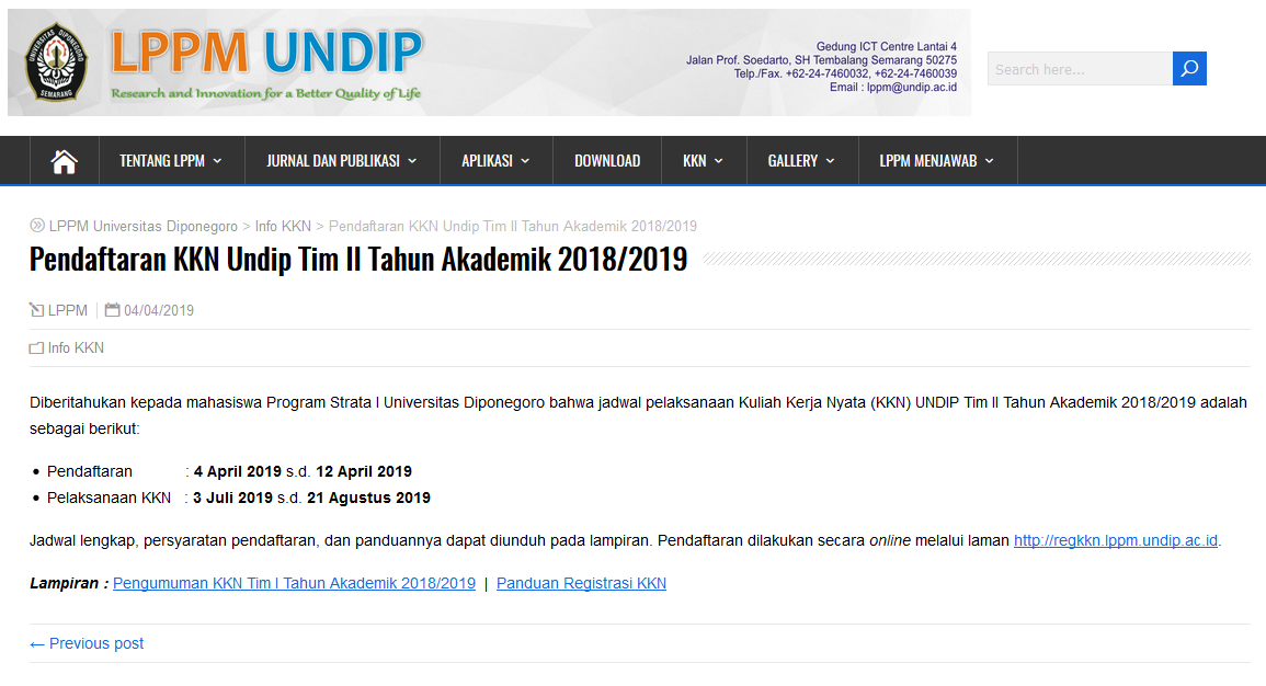 Pendaftaran KKN Undip Tim II Tahun Akademik 2018/2019