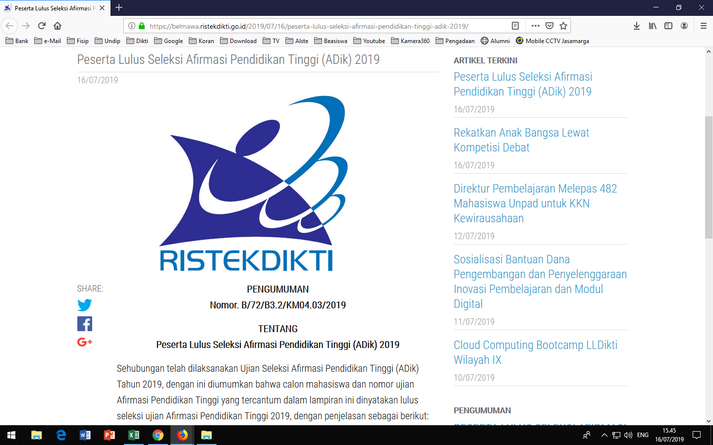 Peserta Lulus Seleksi Afirmasi Pendidikan Tinggi (ADik) 2019