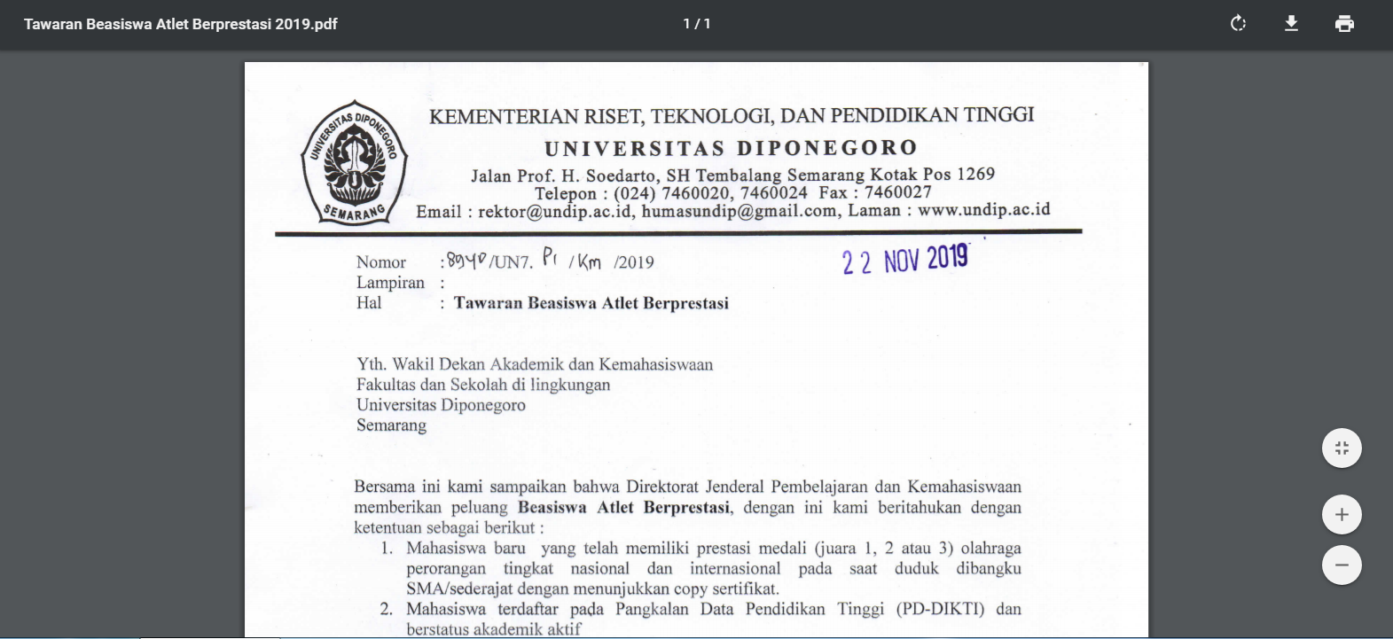 Tawaran Beasiswa Atlet Berprestasi 2019