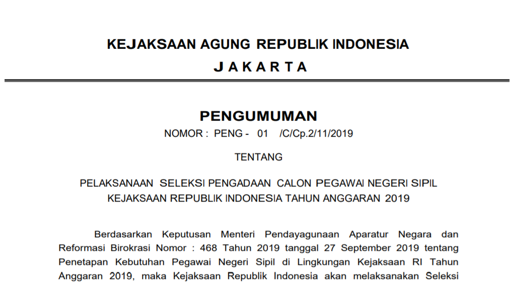 Seleksi Pengadaan Calon Pegawai Negeri Sipil Kejaksaan Republik Indonesia TA 2019