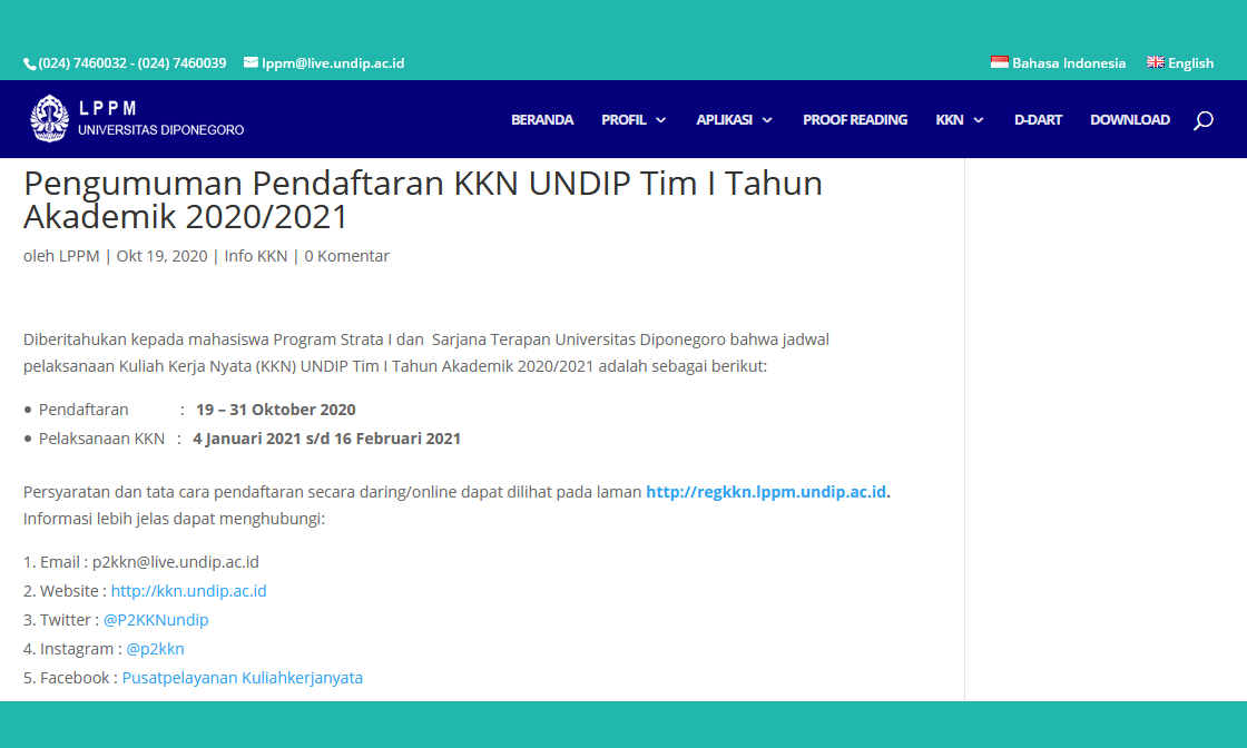 Pengumuman Pendaftaran KKN UNDIP Tim I Tahun Akademik 2020/2021