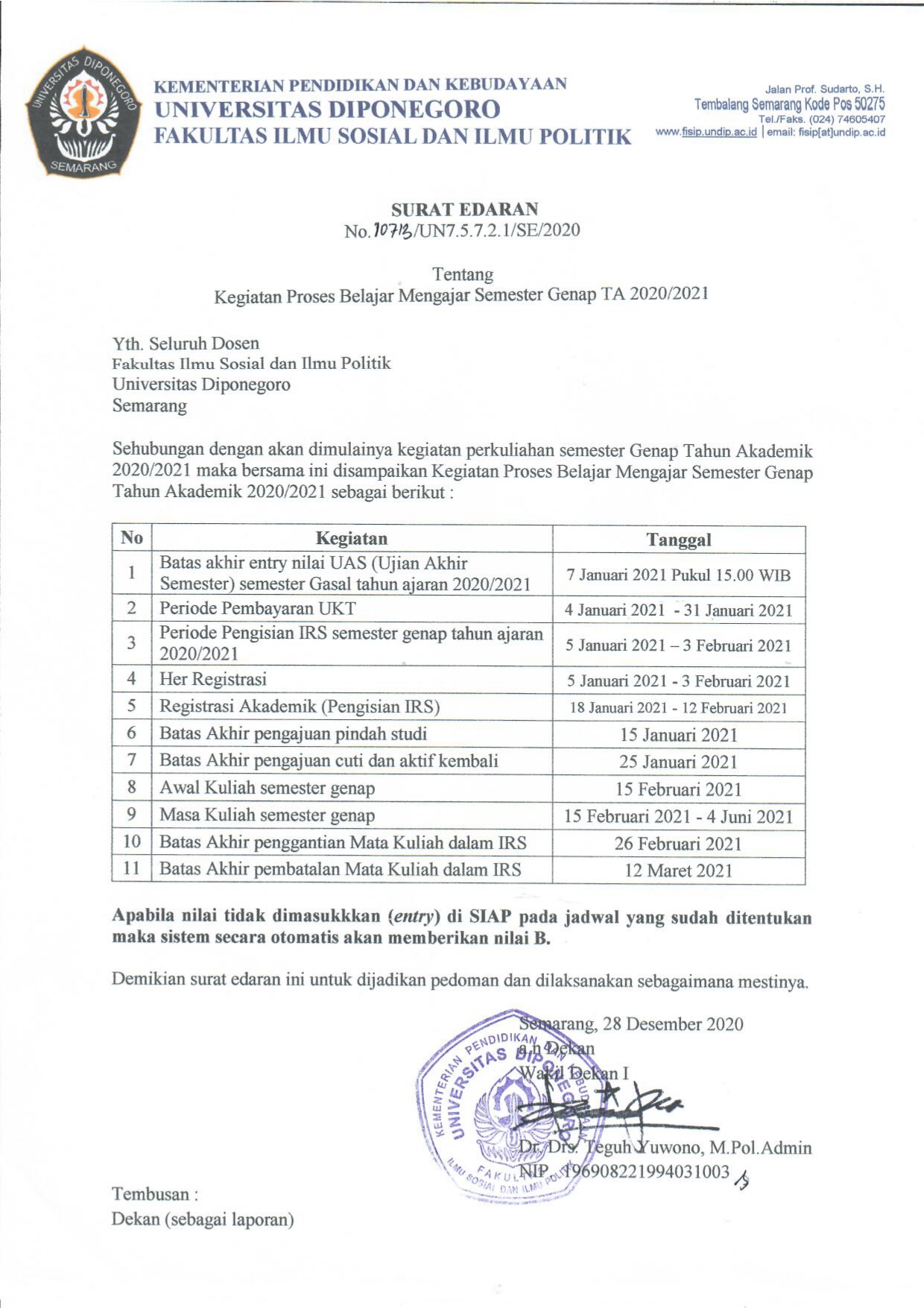 Surat Edaran Tentang Kegiatan Proses Belajar Mengajar Semester Genap TA ...