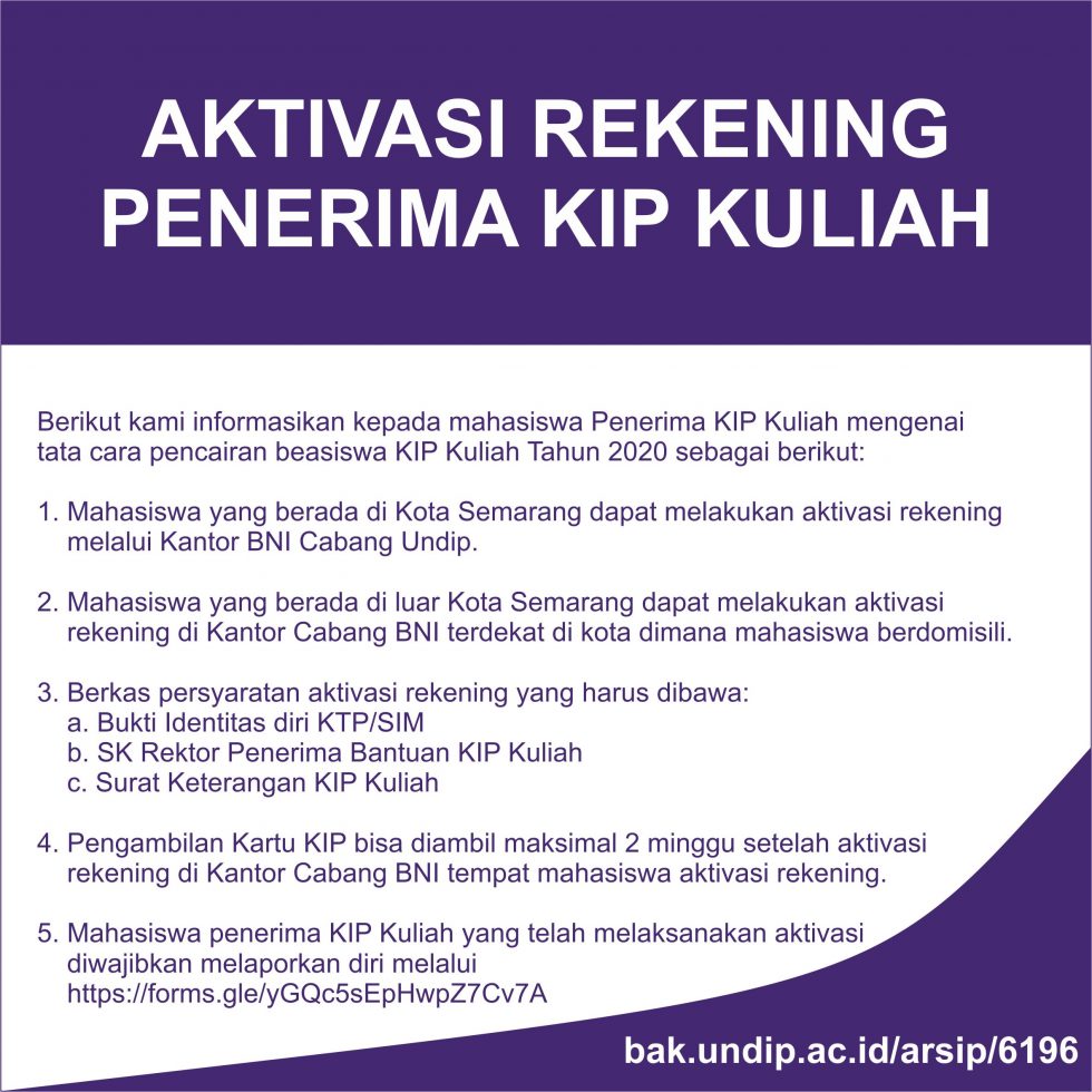 Aktivasi Rekening Penerima Kip Kuliah Mahasiswa Baru Tahun 2020 Fisip Undip