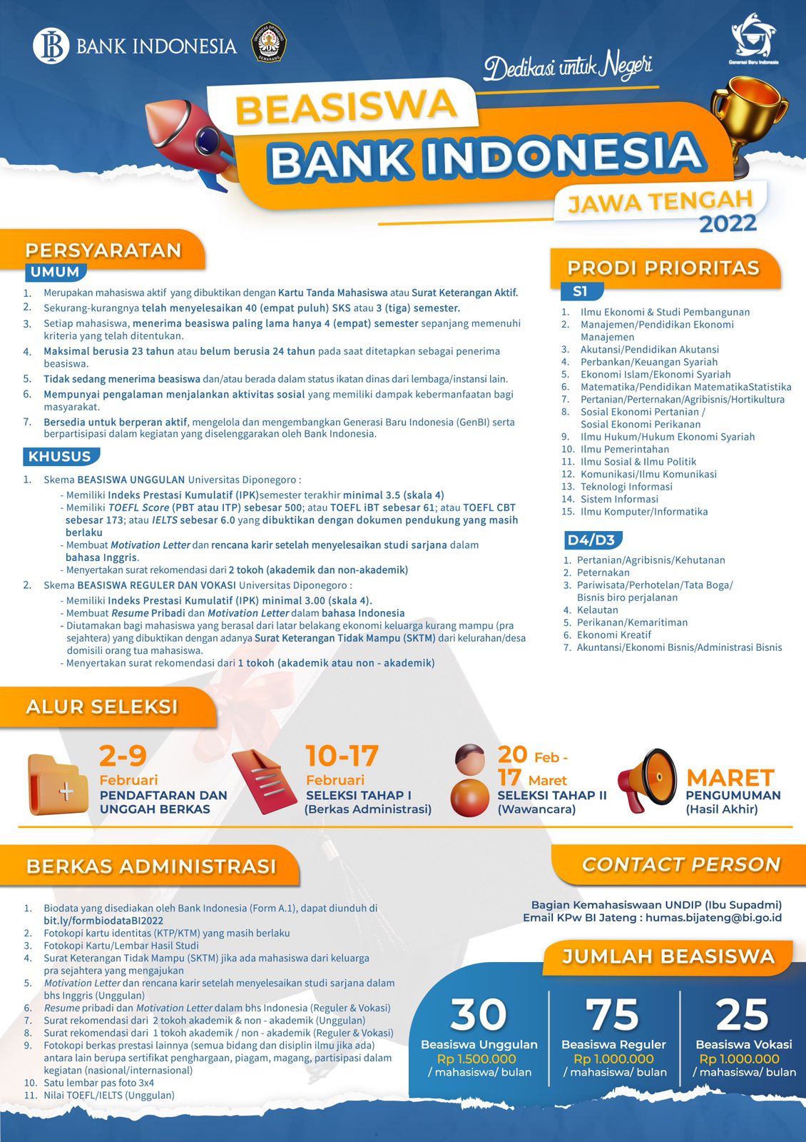 Beasiswa Bank Indonesia - Jawa Tengah 2022 : Deadline Pendaftaran 9